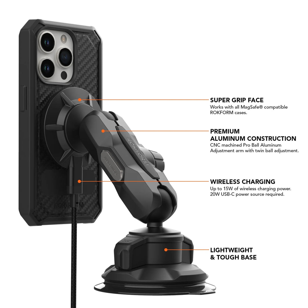 Rokform | Magnetic Phone Holder/Charger Windshield Mount